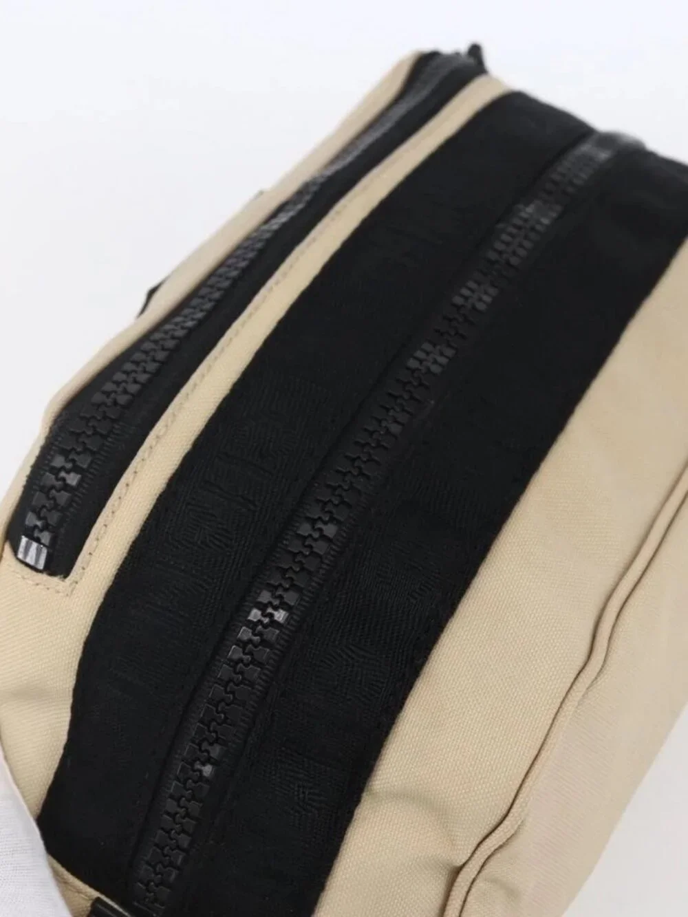 CHANEL Sports Clutch Bag Nylon Beige Black CC Auth BA8411